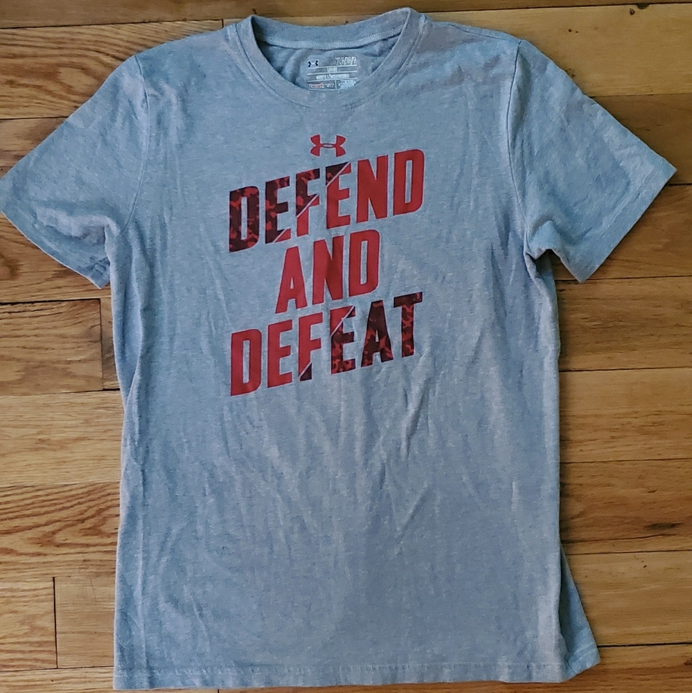 Gray and Red Under Armour boys LG shirt